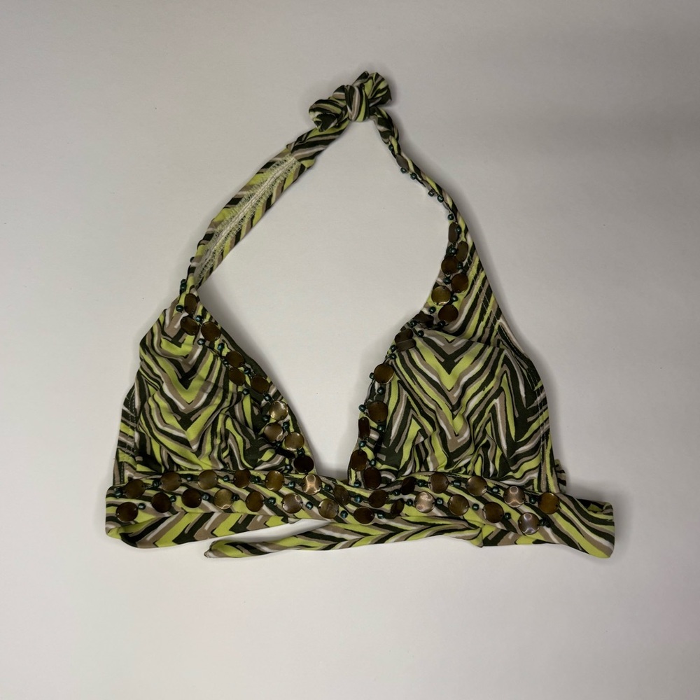 Vix Beaded Zebra Print Halter Bikini Top Small Green Brown Adjustable Tie Swim